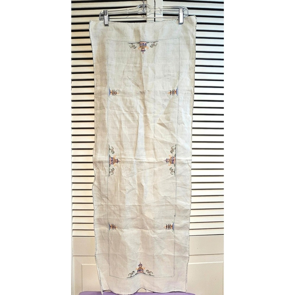 Vintage Hand Embroidered Linen Table Runner Pagoda Chinoiserie Cross Stitch